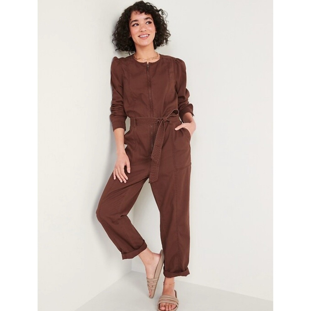 Old Navy Jumpsuit Womens XS Brown Long Sleeve Belted Utility Romper Effortless